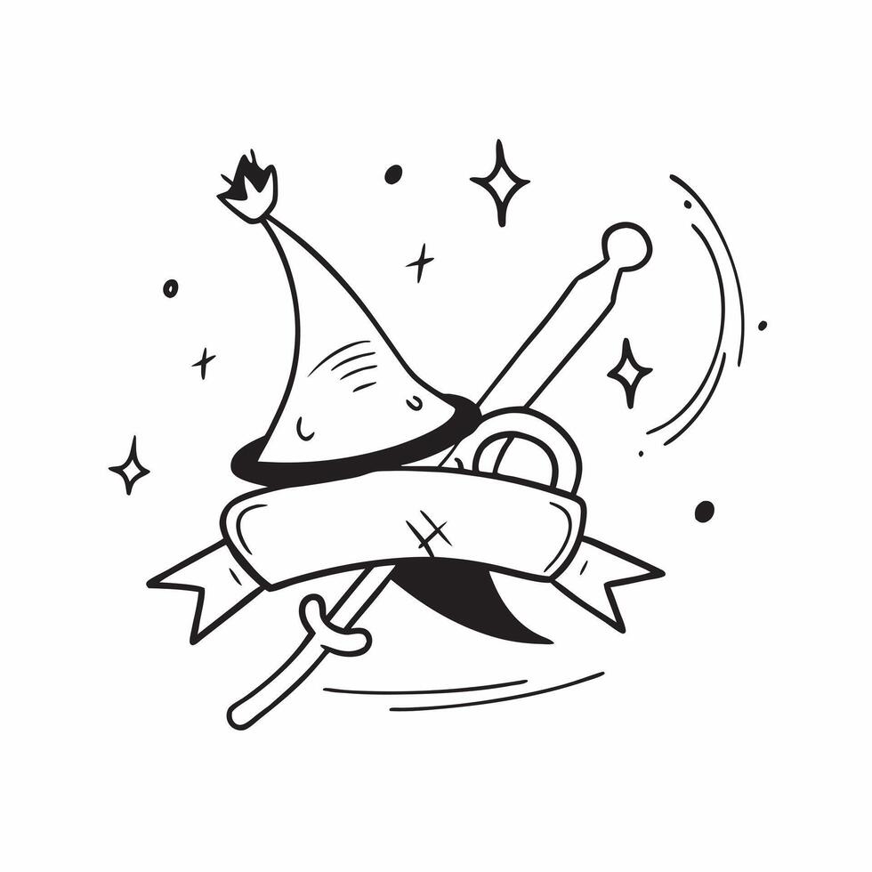 Witch Hat and Broom with Enchantment Text concept as A sleek isolated featuring a witch hat and broom crossed with the word Enchantment elegantly placed underneath The elem vector