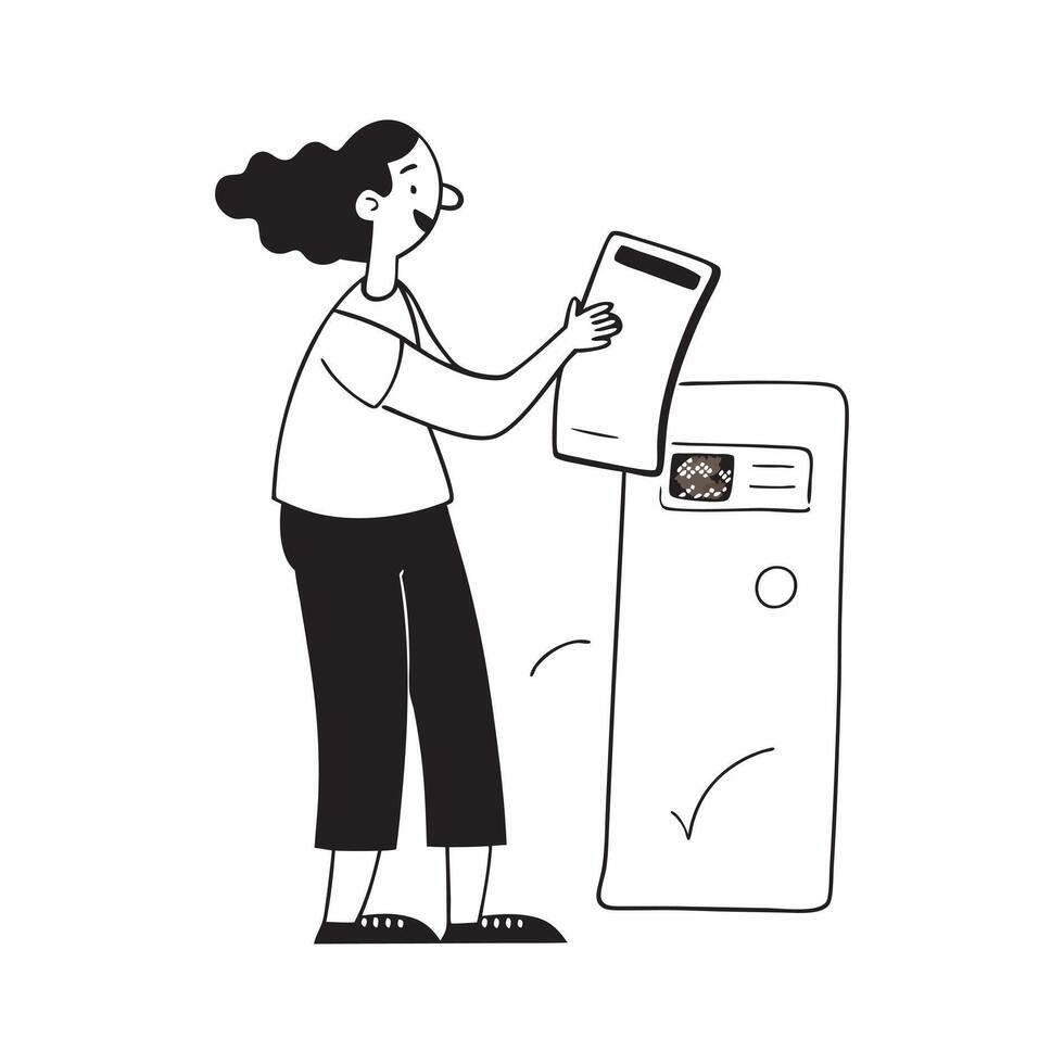 Woman Checking Account Balance concept as A woman checking her account balance using a mobile banking app set against a plain background with ample copy space in Photo Stock Conce pure vector