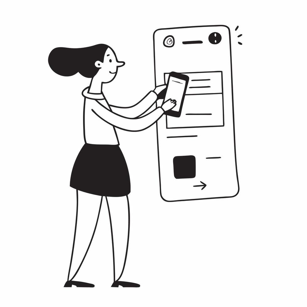 Woman Making Online Purchase concept as A woman making an online purchase using a mobile banking app with a blank background offering space for additional content in Photo Stock C pure vector