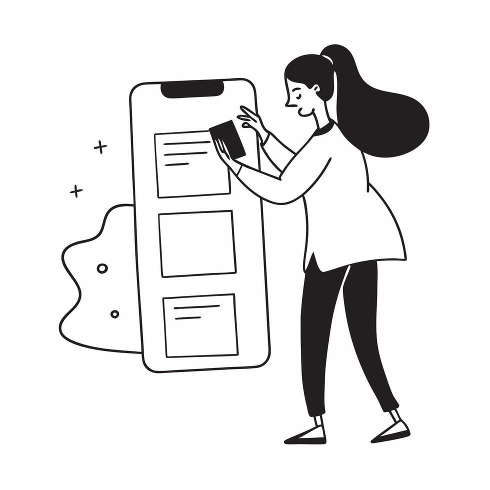Woman Setting Up Mobile Banking App concept as A woman setting up her mobile banking app on her smartphone with a blank background offering space for additional text or design elem pure Set 2 vector