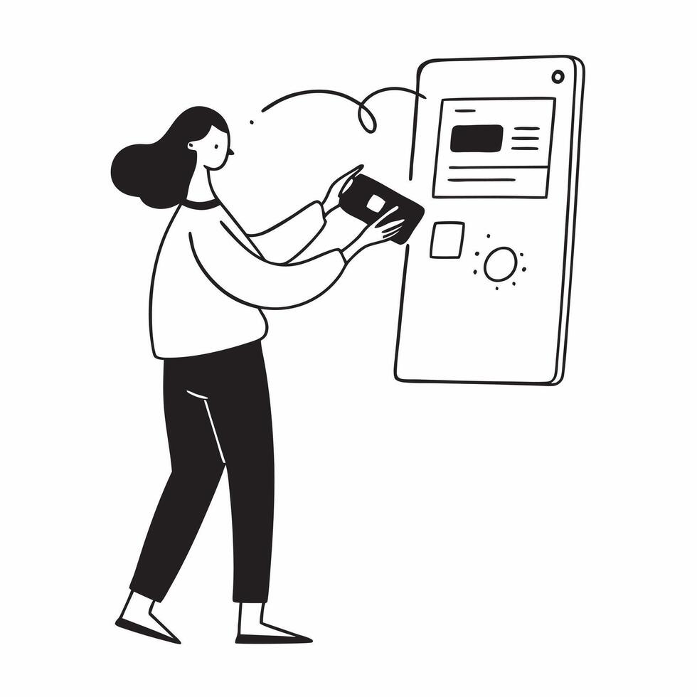 Woman Setting Up Mobile Banking App concept as A woman setting up her mobile banking app on her smartphone with a blank background offering space for additional text or design elem pure vector