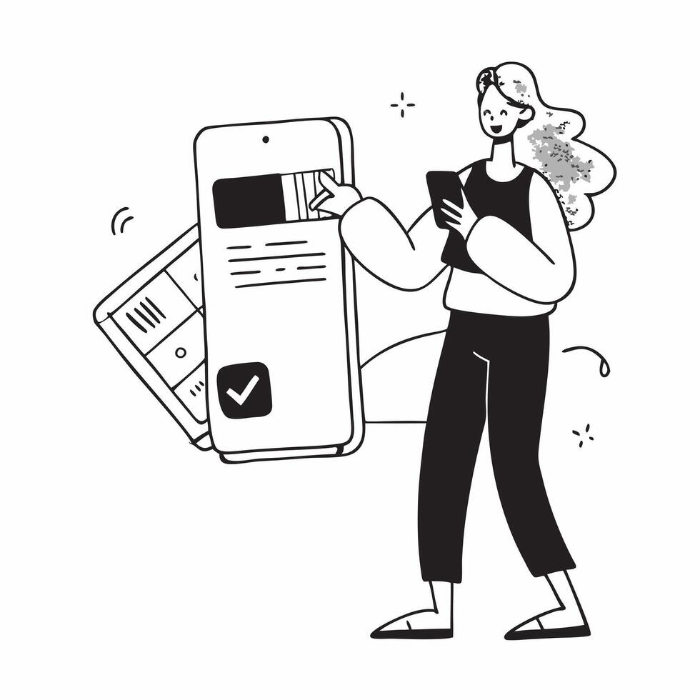Woman Using Mobile Banking to Pay for Subscription concept as A woman using a mobile banking app on her smartphone to pay for a subscription set against a plain background with spa pure Set 2 vector