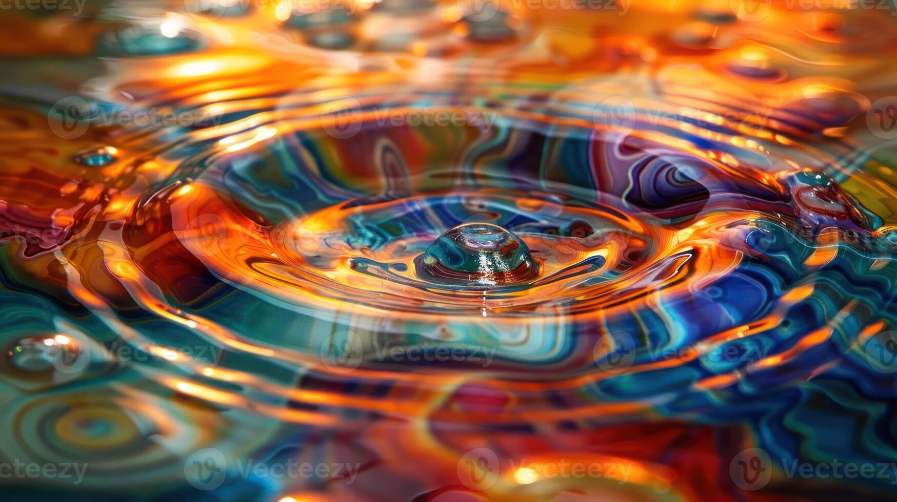 Colorful water ripple patterns reflecting vibrant hues of orange, blue, and green in motion photo