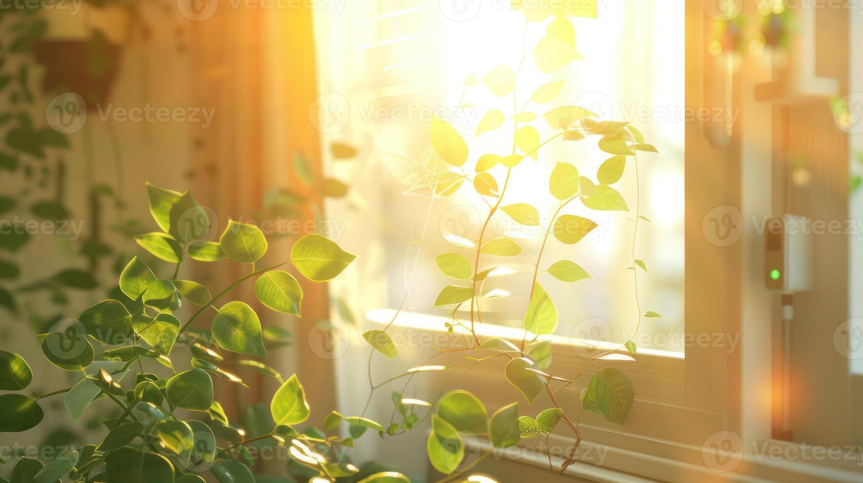 Sunlight streaming through a window illuminating vibrant green plants in a cozy indoor setting photo
