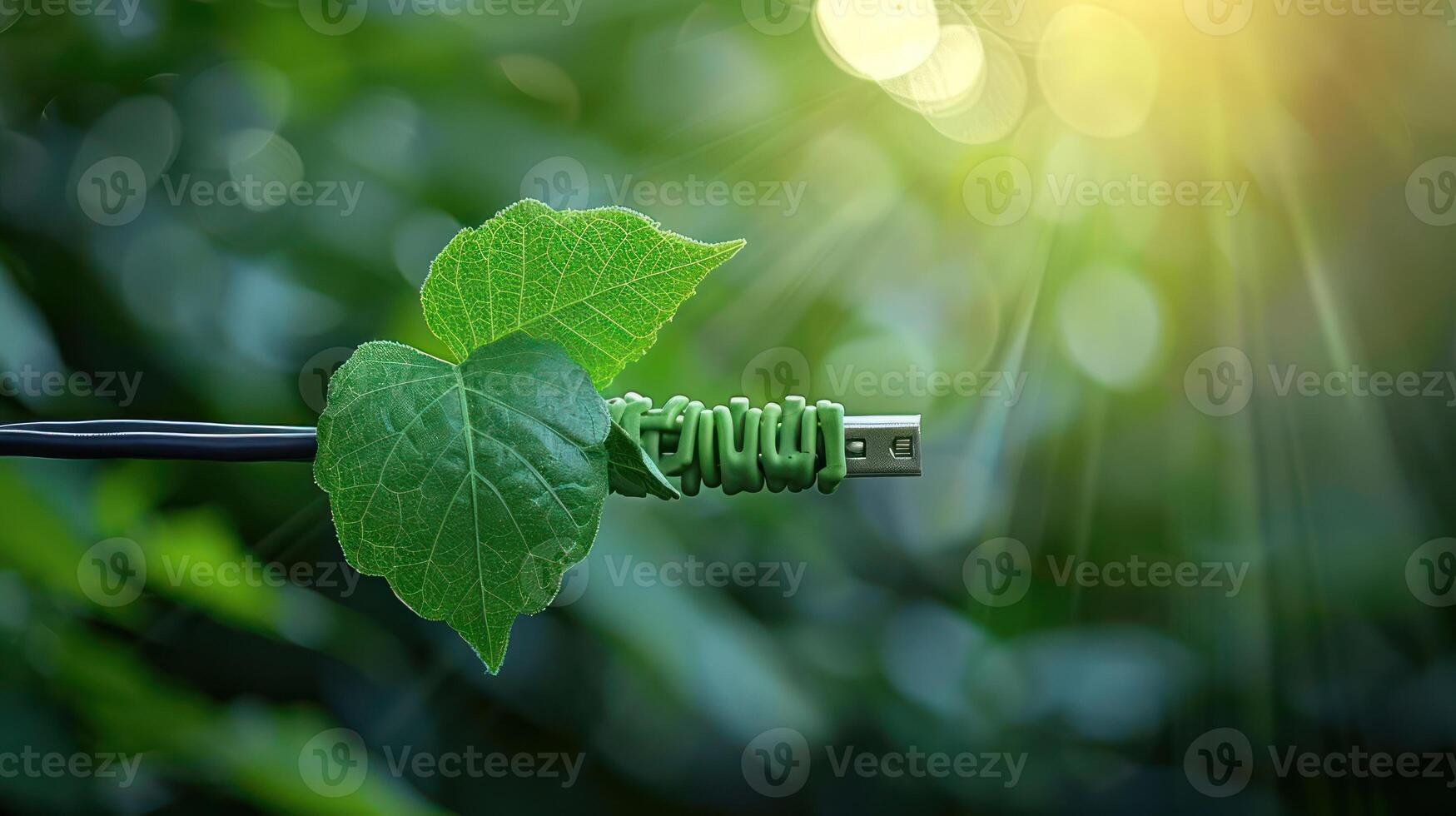 Green USB cable with leaf-shaped connector surrounded by lush foliage and sunlight photo