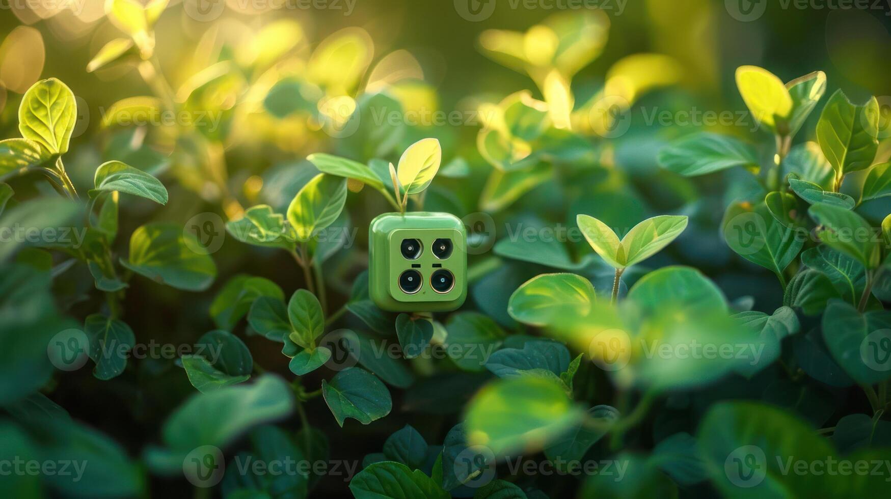 A vibrant green plant with a playful, colorful toy cube nestled among lush foliage in sunlight photo