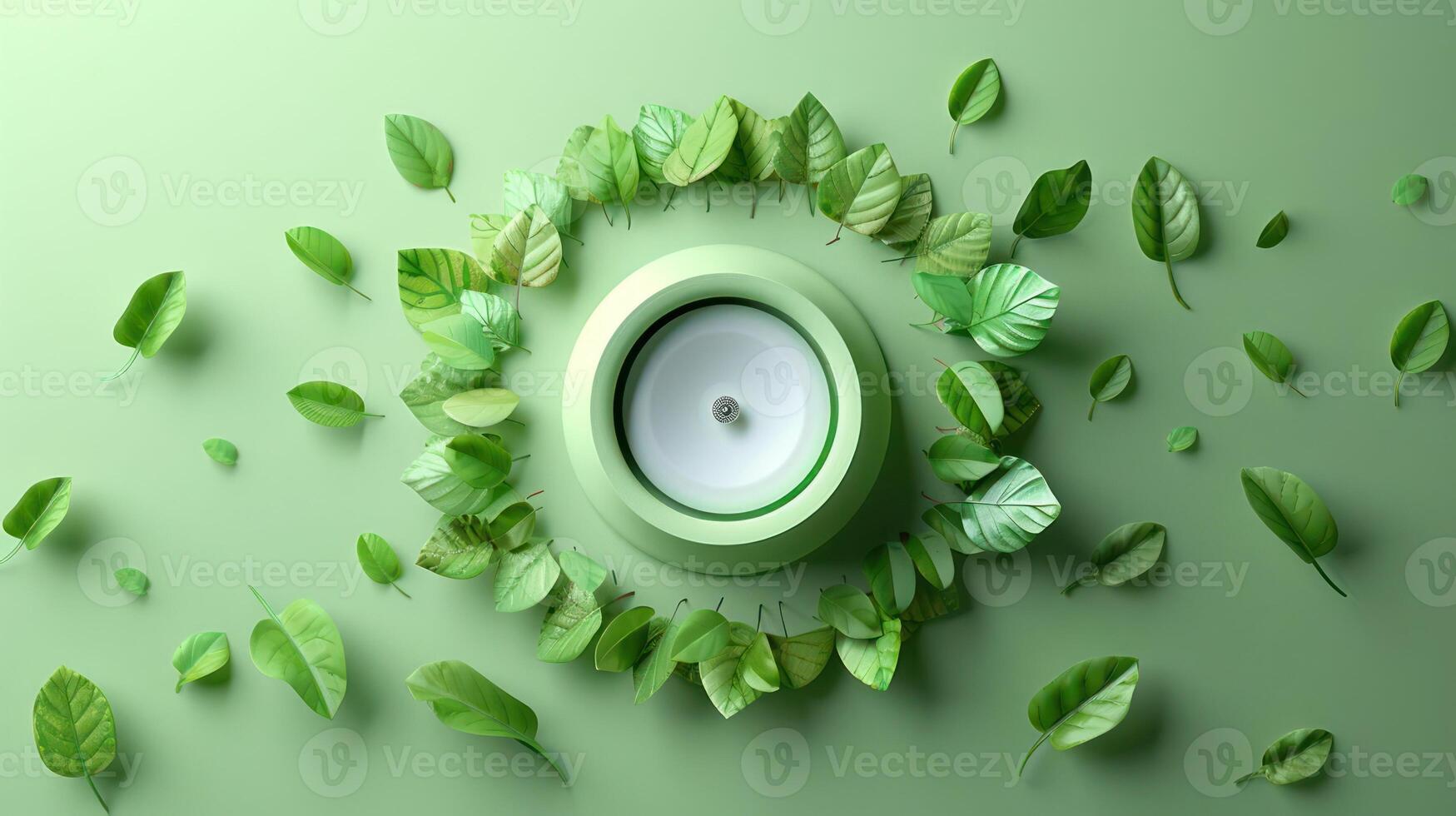 Green circular object surrounded by various leaves on a soft green background, symbolizing nature photo
