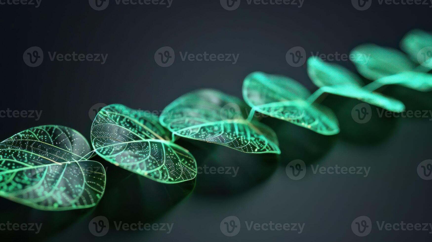Delicate green leaves arranged in a line against a dark background, showcasing intricate veins photo