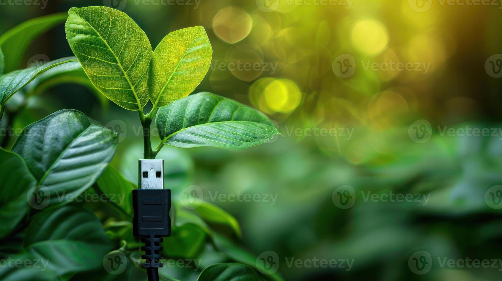 USB cable connected to a green plant symbolizing technology's integration with nature photo
