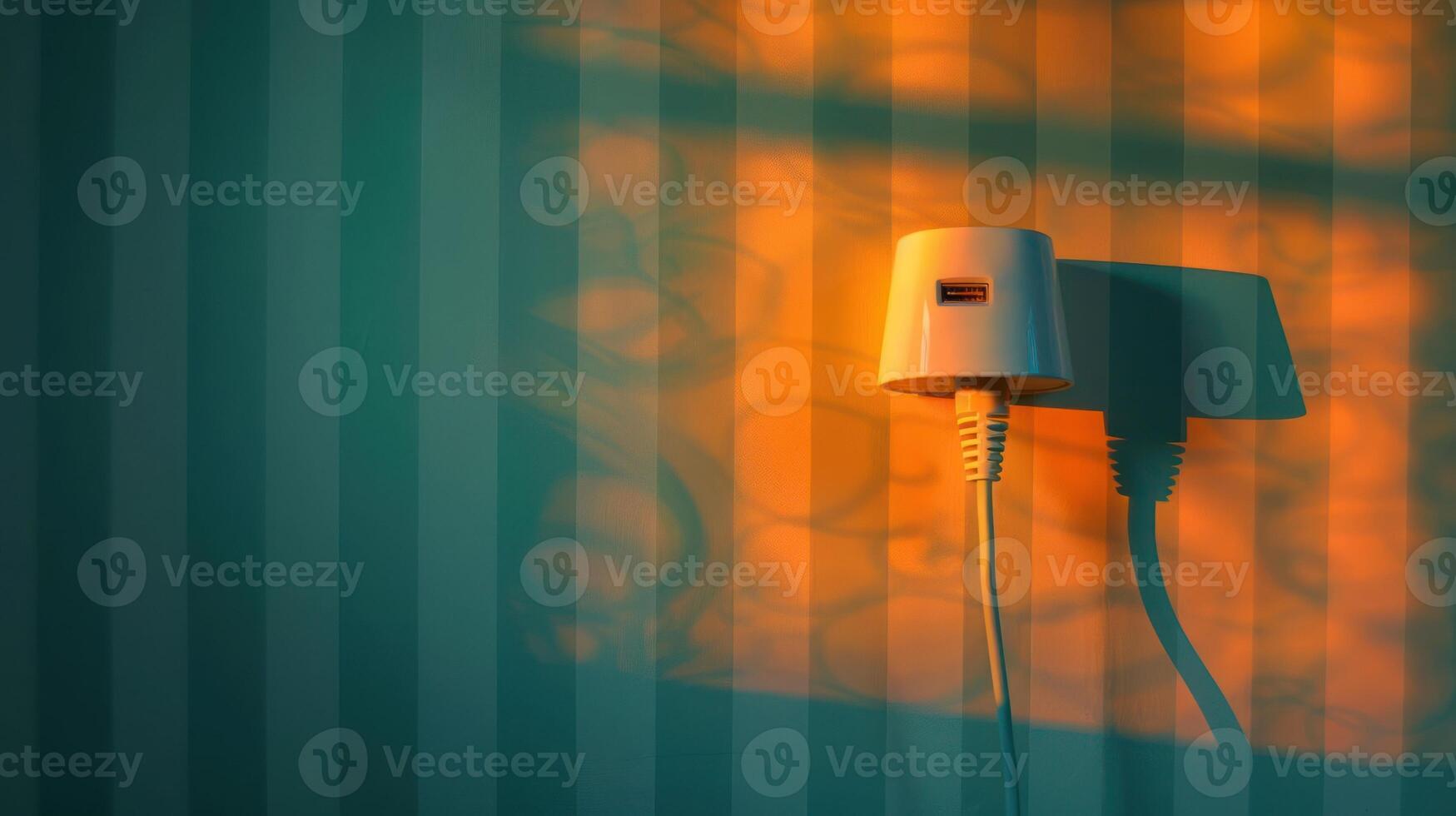 A minimalist wall scene featuring a white plug with a shadow cast by warm sunlight, creating patterns photo