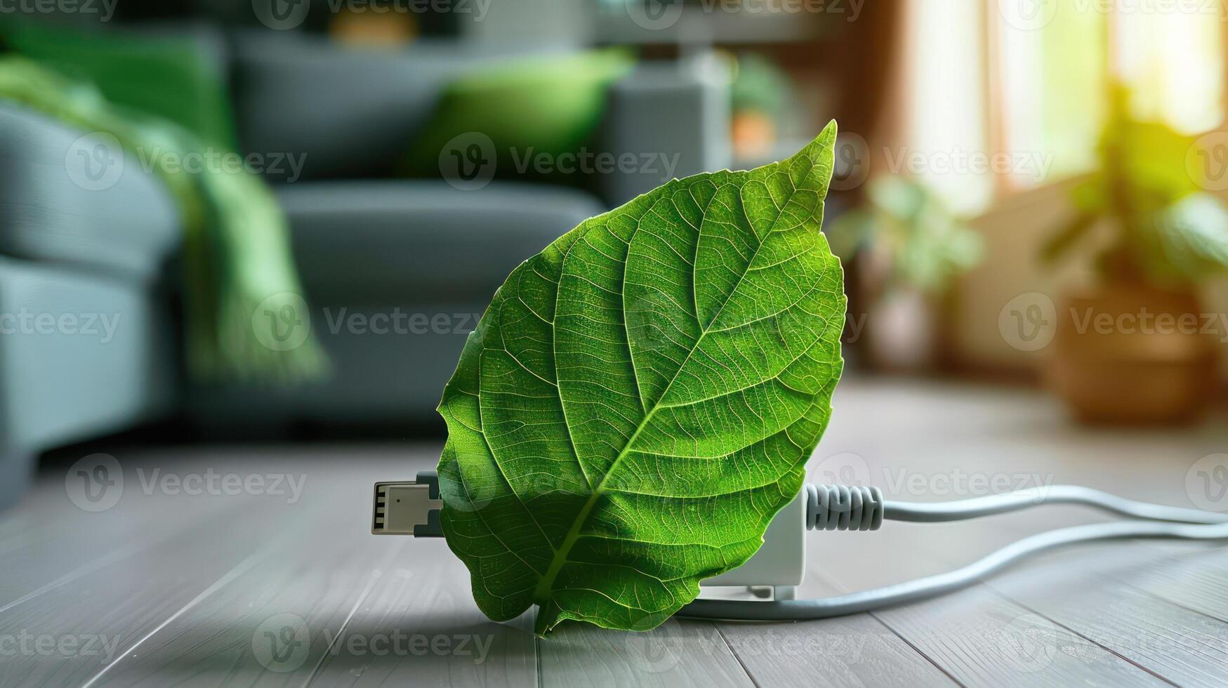 A vibrant green leaf resting on a power cord in a cozy living room with natural lighting photo