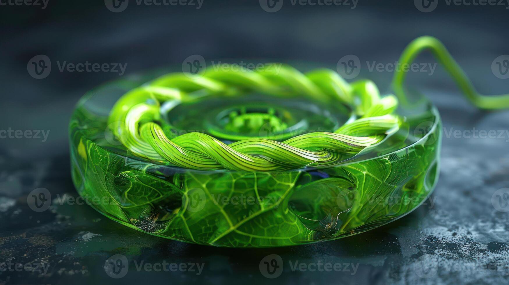 A vibrant green circular object with twisted cables surrounded by a textured dark background photo