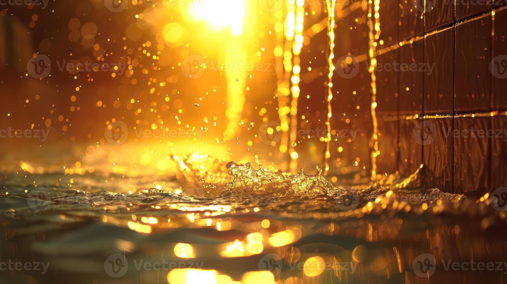 Golden sunlight illuminating splashes of water against a textured wall in a serene environment photo