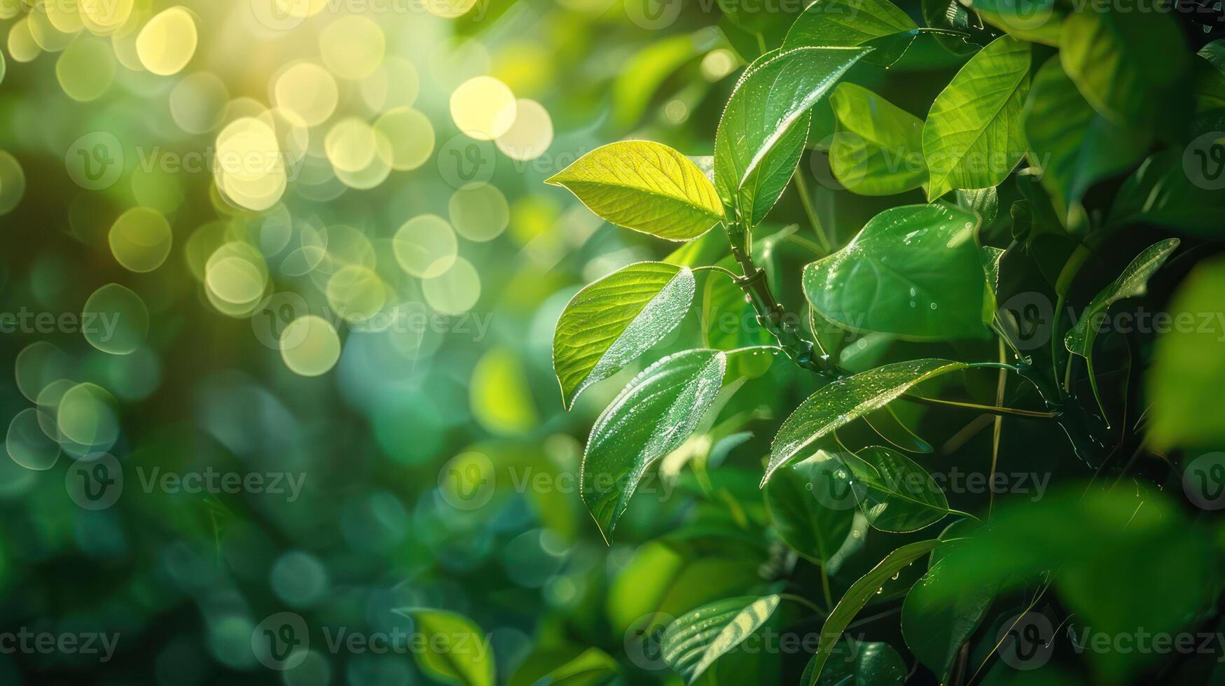 Lush green leaves glistening in sunlight with a soft bokeh background creating a serene atmosphere photo