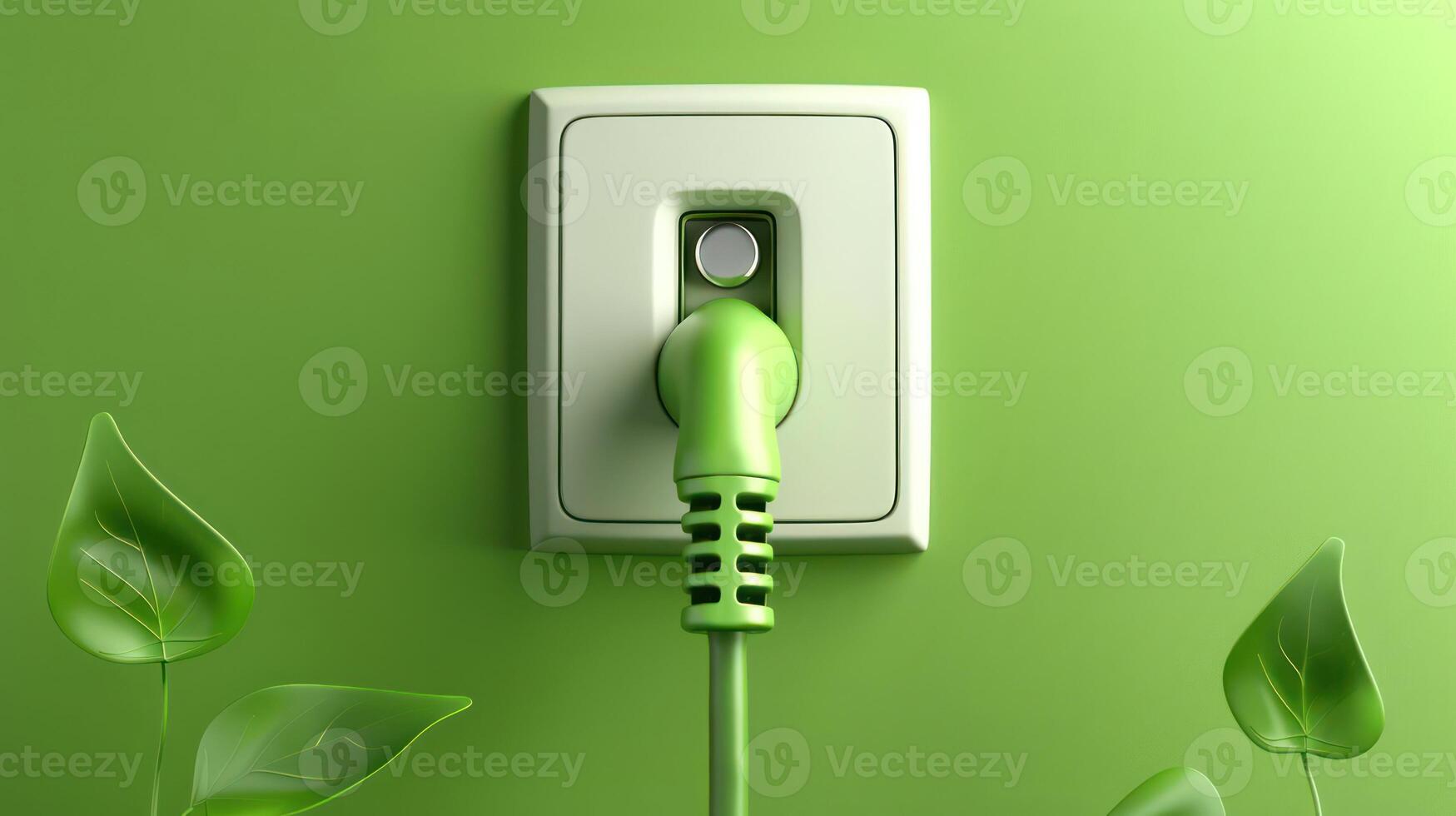 Green electrical outlet with a matching plug set against a vibrant green background with leaves photo