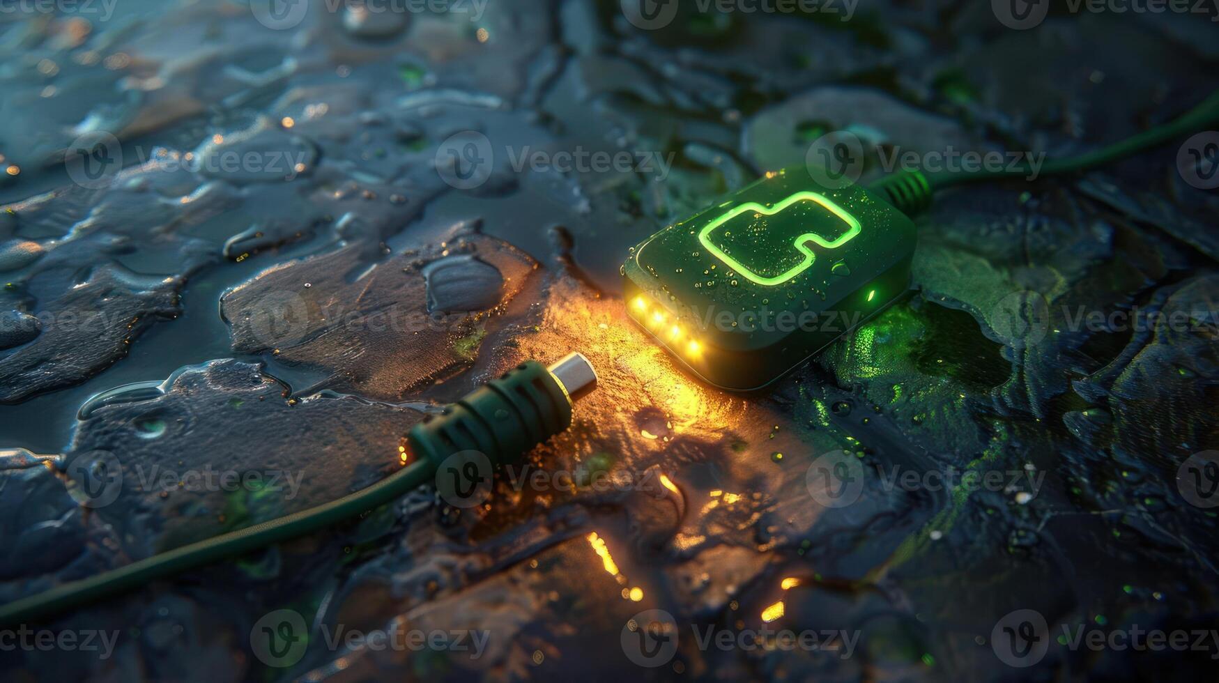 Close-up of a glowing green charging cable on a wet surface, with reflections and ambient lighting photo