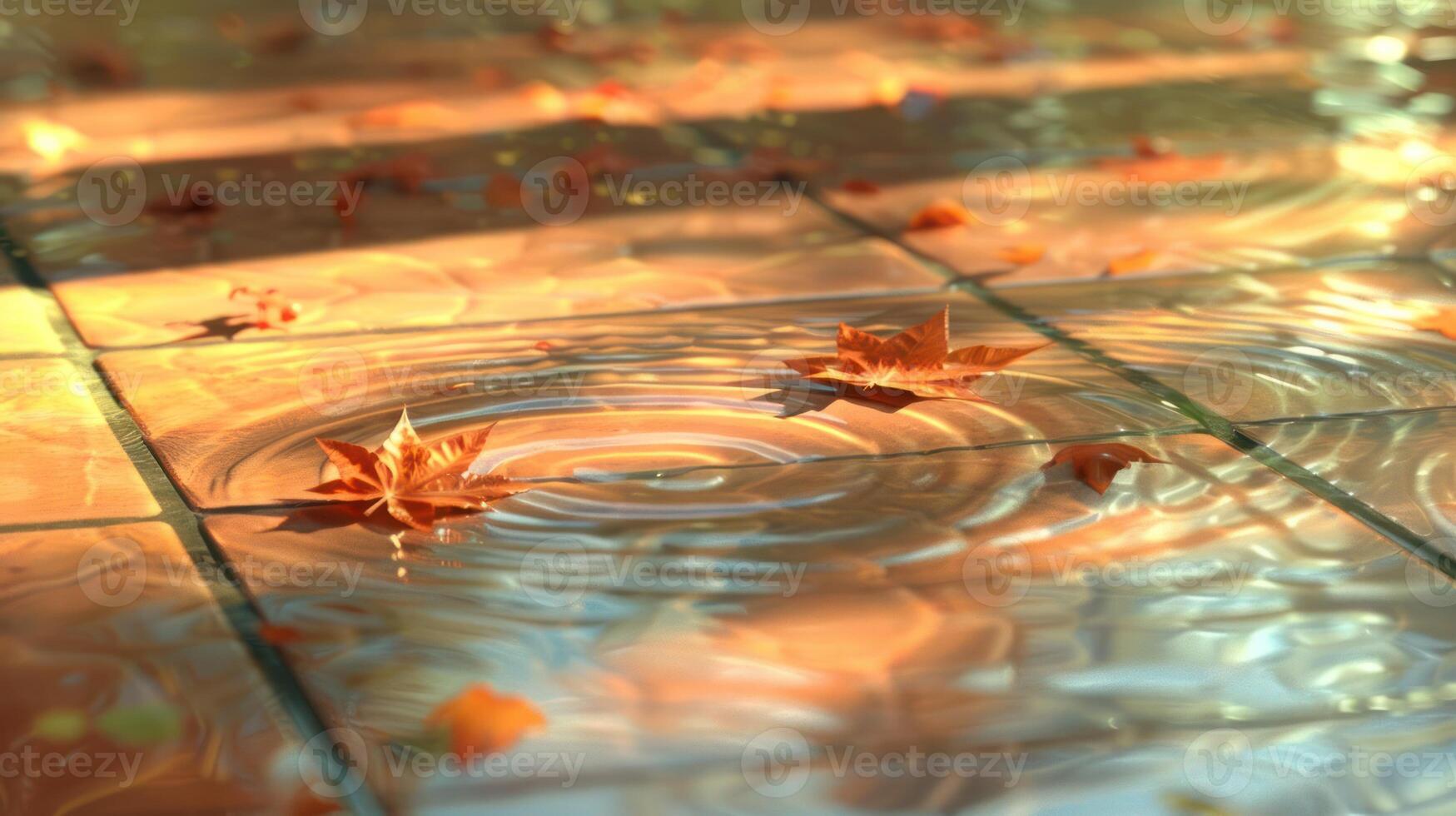 Autumn leaves floating on a serene water surface, reflecting warm sunlight in a tranquil setting photo
