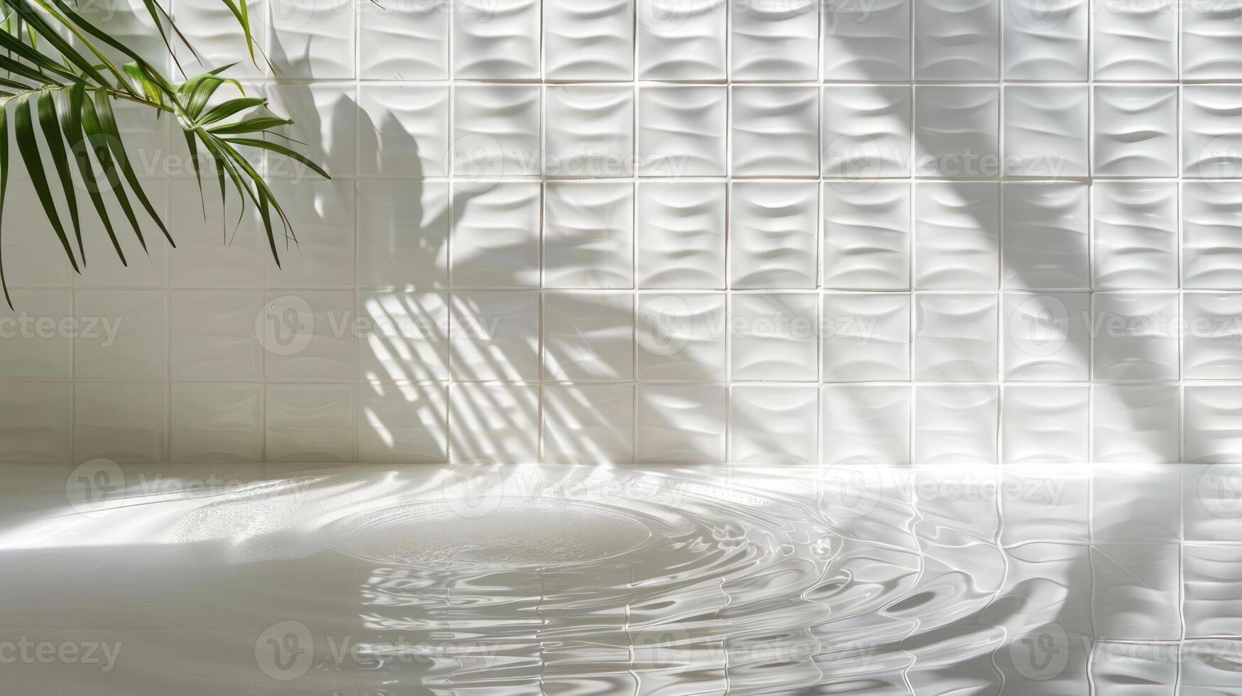 Serene indoor scene with rippling water reflecting light against textured wall and shadows photo