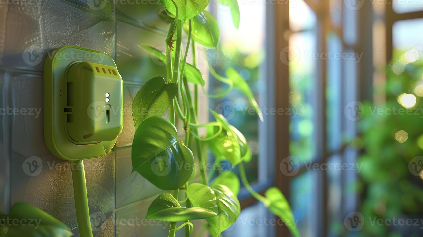 Vibrant indoor scene featuring a green power outlet surrounded by lush climbing plants, sunlight streaming in photo