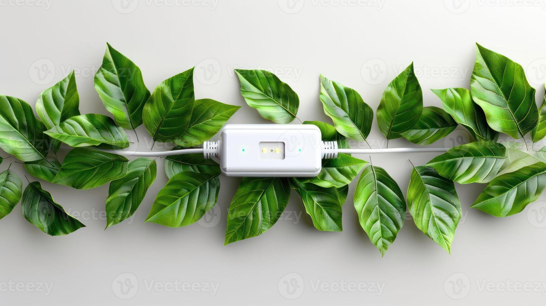 Modern power adapter surrounded by vibrant green leaves, symbolizing eco-friendly technology photo