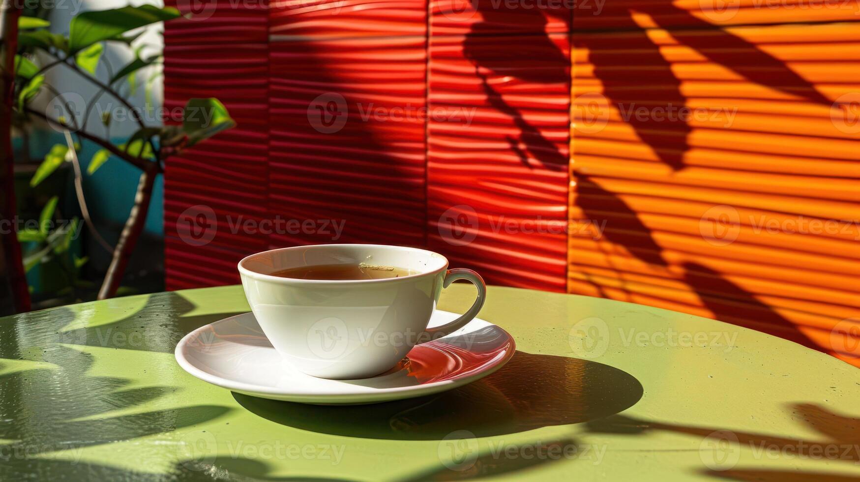 A serene cup of tea on a vibrant green table surrounded by colorful walls and shadows photo
