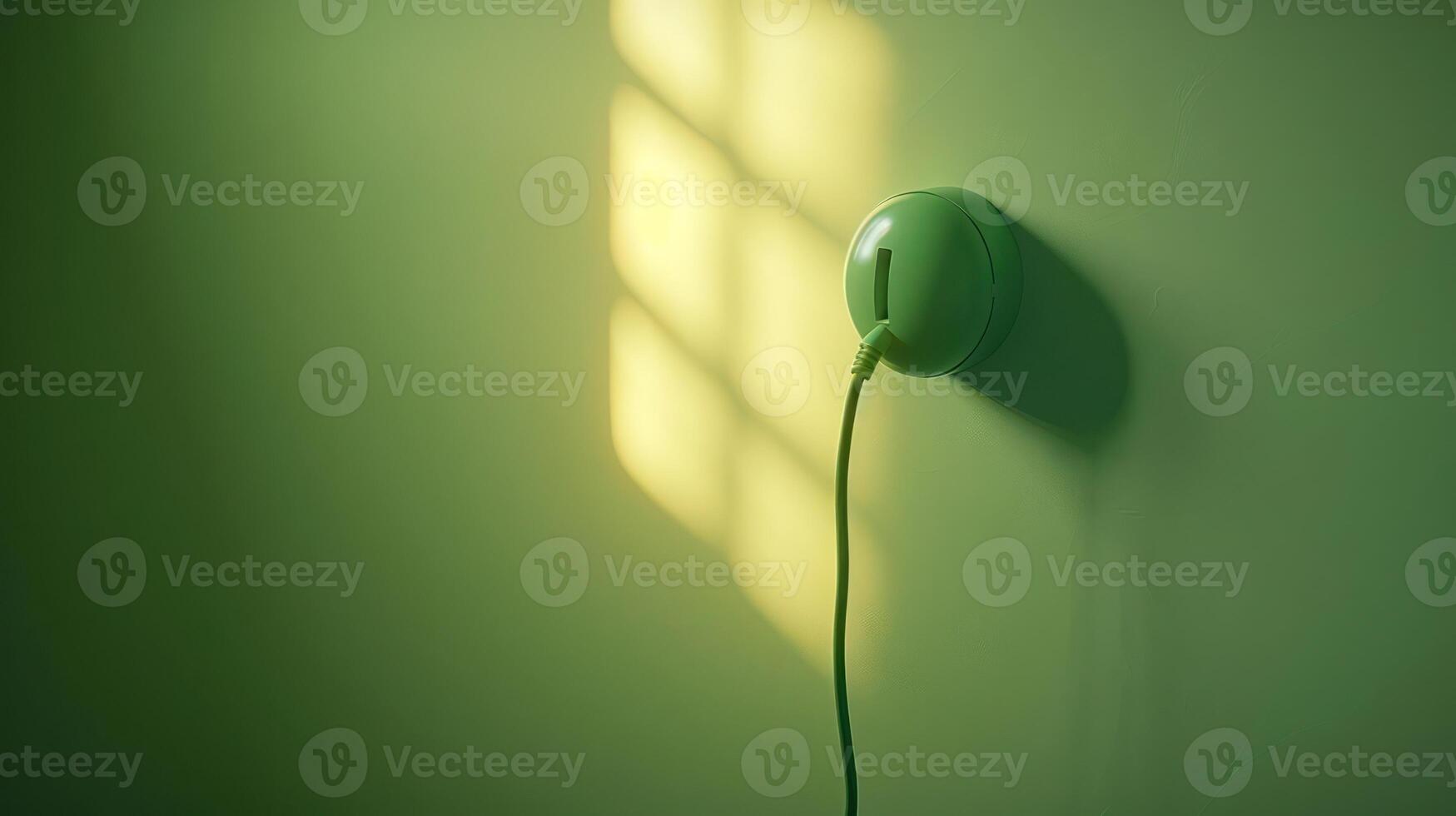 Soft green wall with a round socket and cable casting shadows from sunlight photo