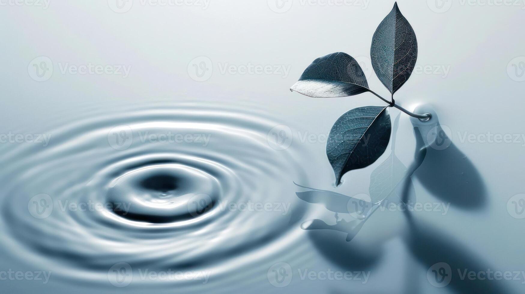 A serene water surface with a single leaf creating ripples, reflecting tranquility and nature's beauty photo