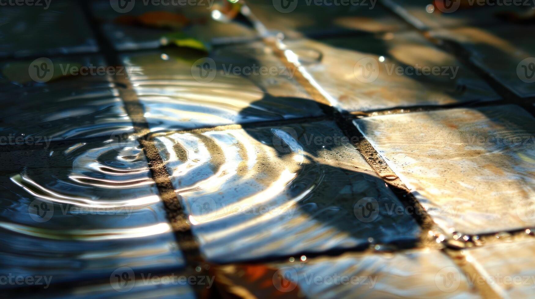 Rippling water reflections on tiled surface with fallen leaves in serene outdoor setting photo