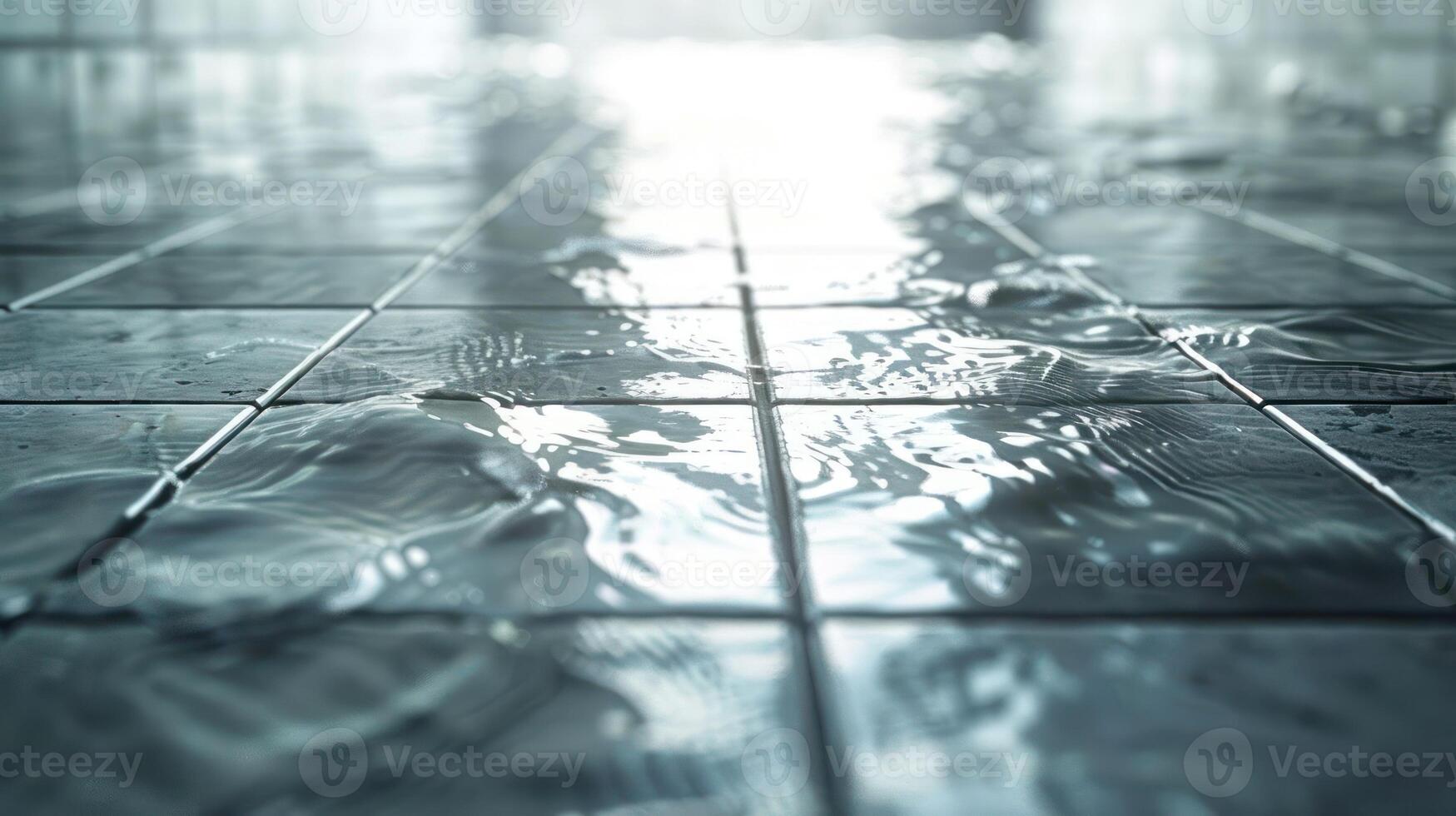 Water pooling on tiled floor in a serene indoor space, reflecting light and creating tranquility photo