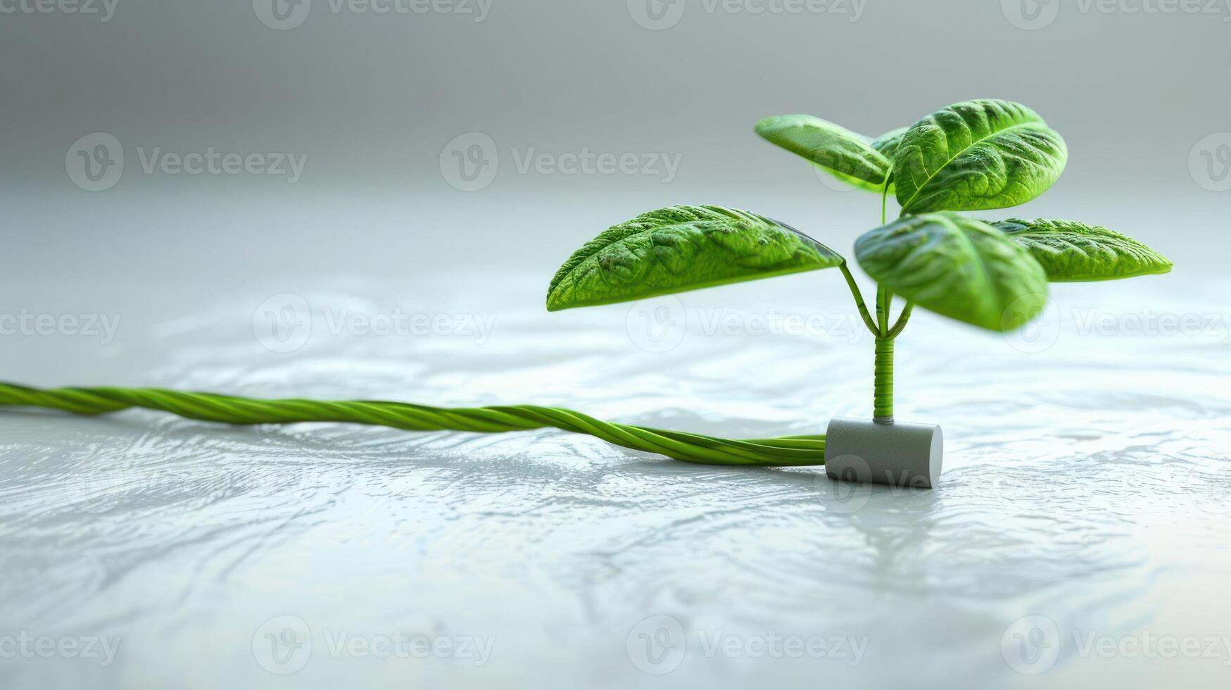 A small green plant with vibrant leaves emerging from a twisted cable on a smooth surface photo