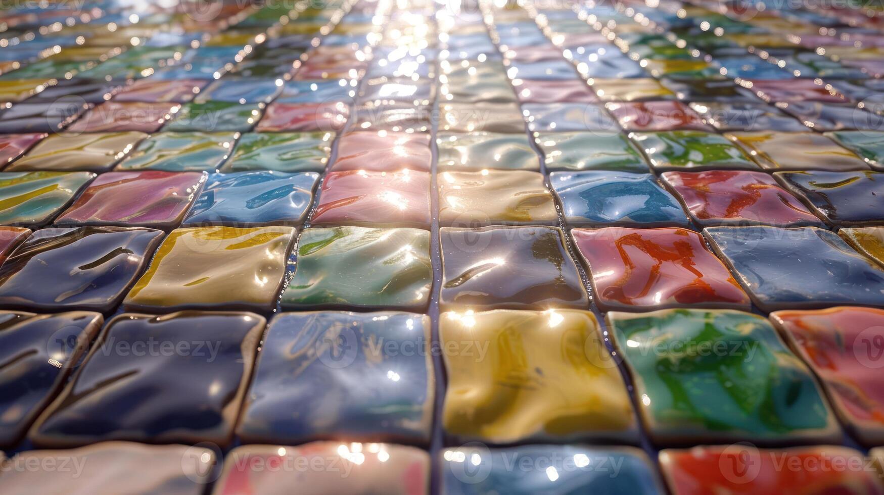 Colorful glossy tiles arranged in a vibrant mosaic pattern reflecting sunlight in an outdoor setting photo
