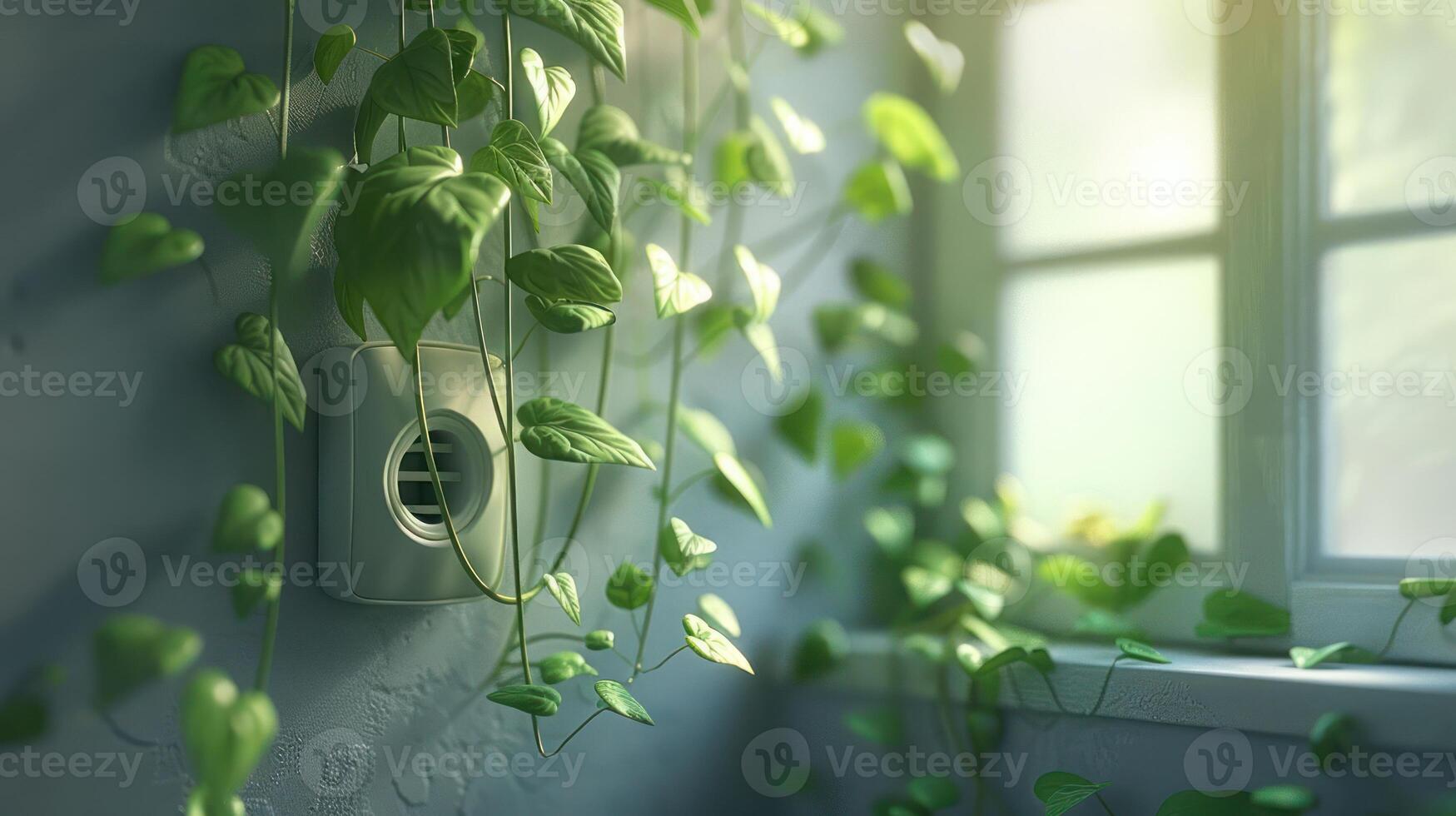 Lush green vines cascading from a window sill, creating a serene indoor atmosphere with sunlight photo