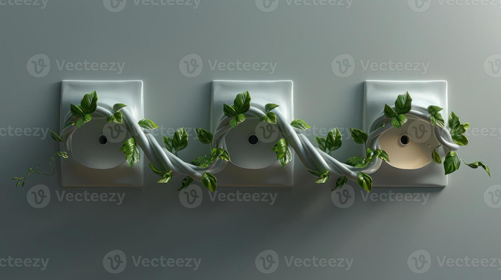 Three elegant electrical sockets adorned with flowing fabric and lush green vines, symbolizing nature's integration with technology photo