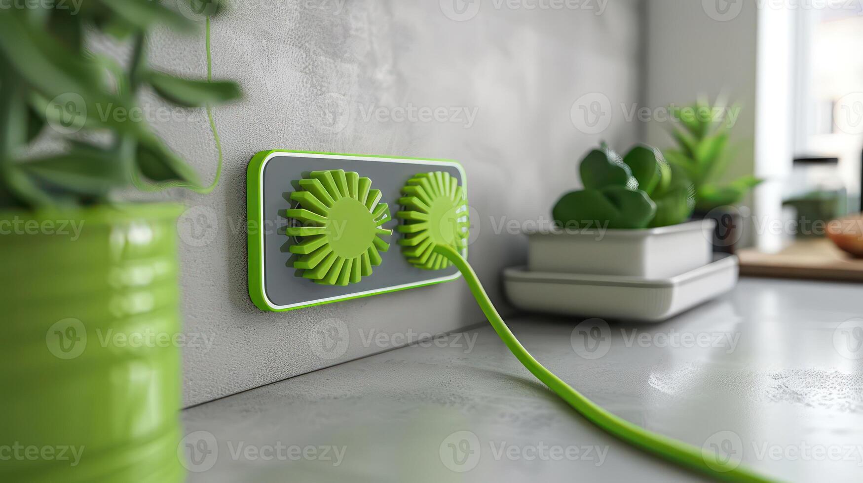 Modern green power outlet with unique design and cable, surrounded by indoor plants and kitchen items photo
