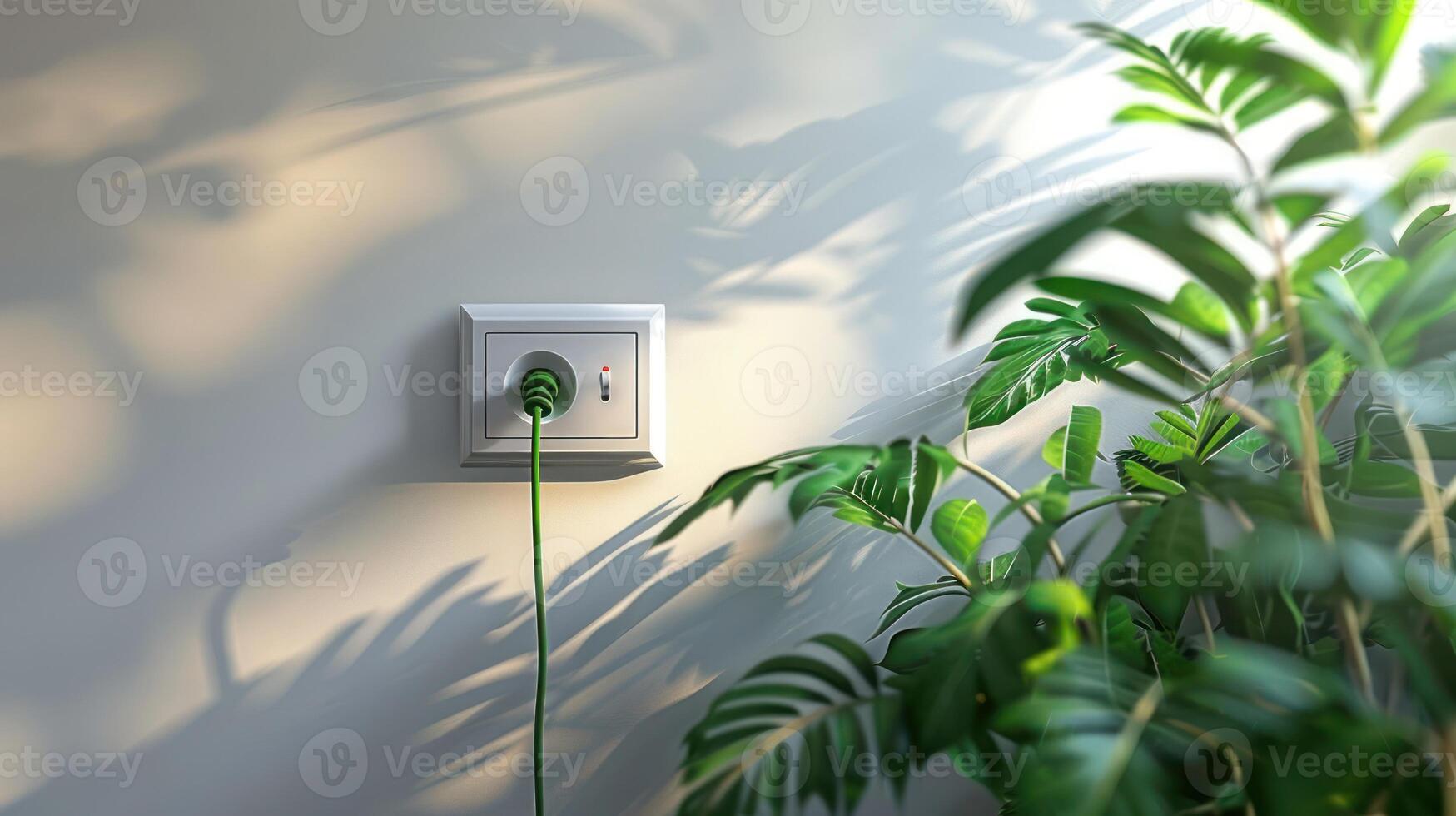 A green power cord plugged into a wall socket beside a lush indoor plant with shadows photo