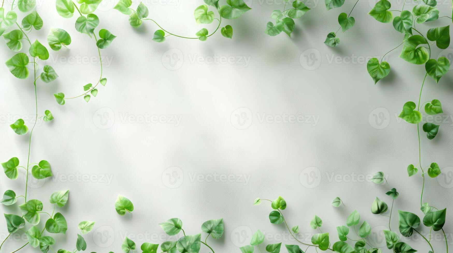 Lush green ivy leaves framing a serene, light background, ideal for nature-themed designs photo