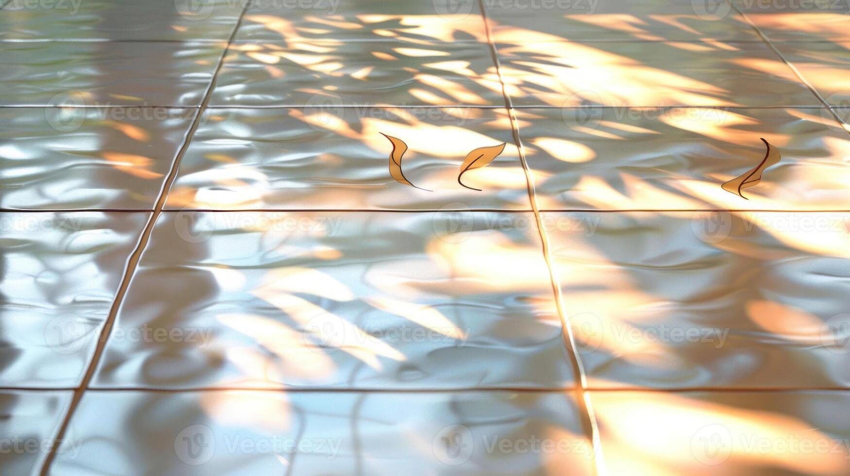 Sunlight casting intricate shadows on glossy tiled surface with delicate organic shapes photo