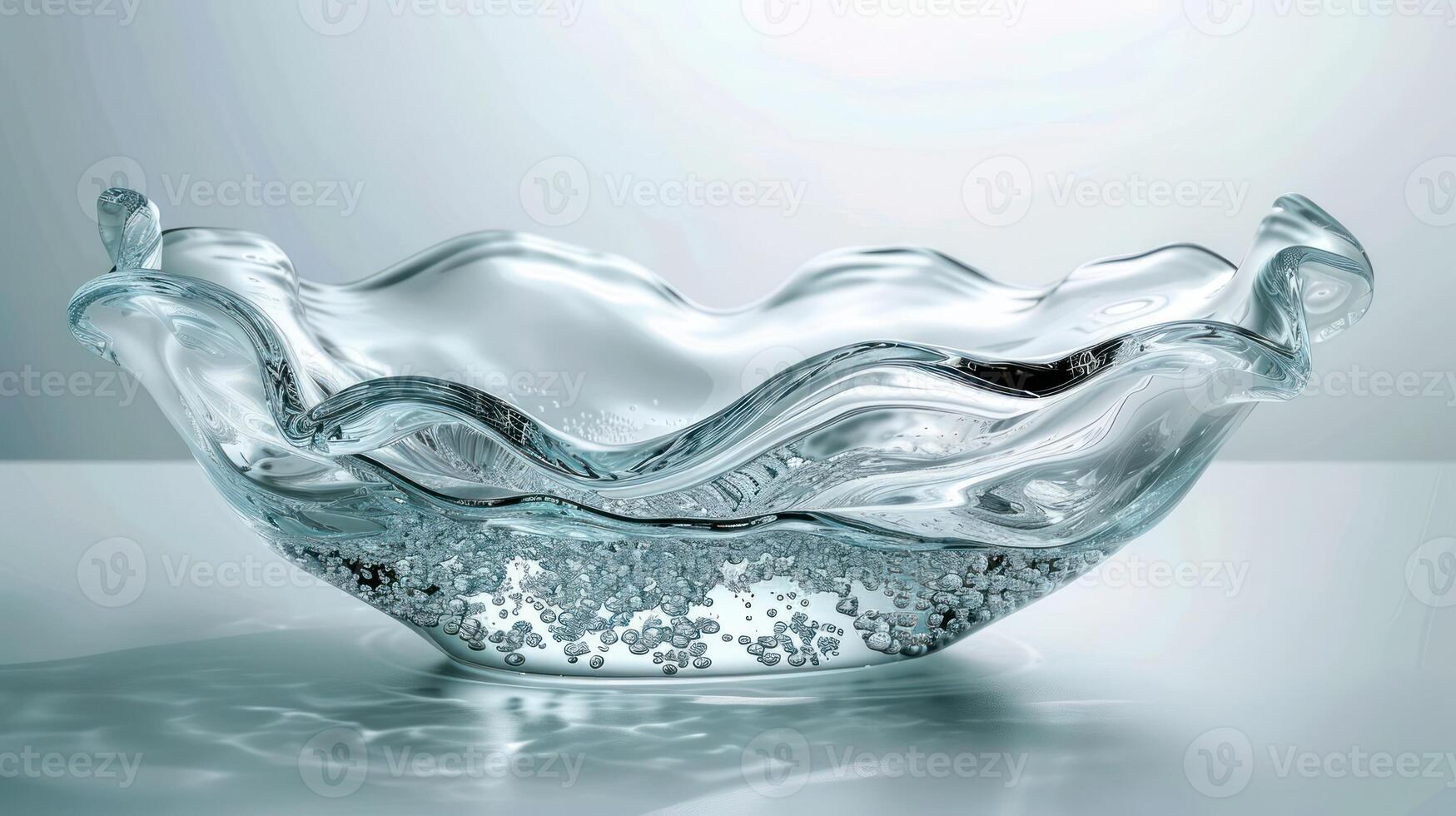 Elegant glass bowl with swirling design, filled with bubbles, set against a soft gradient background photo