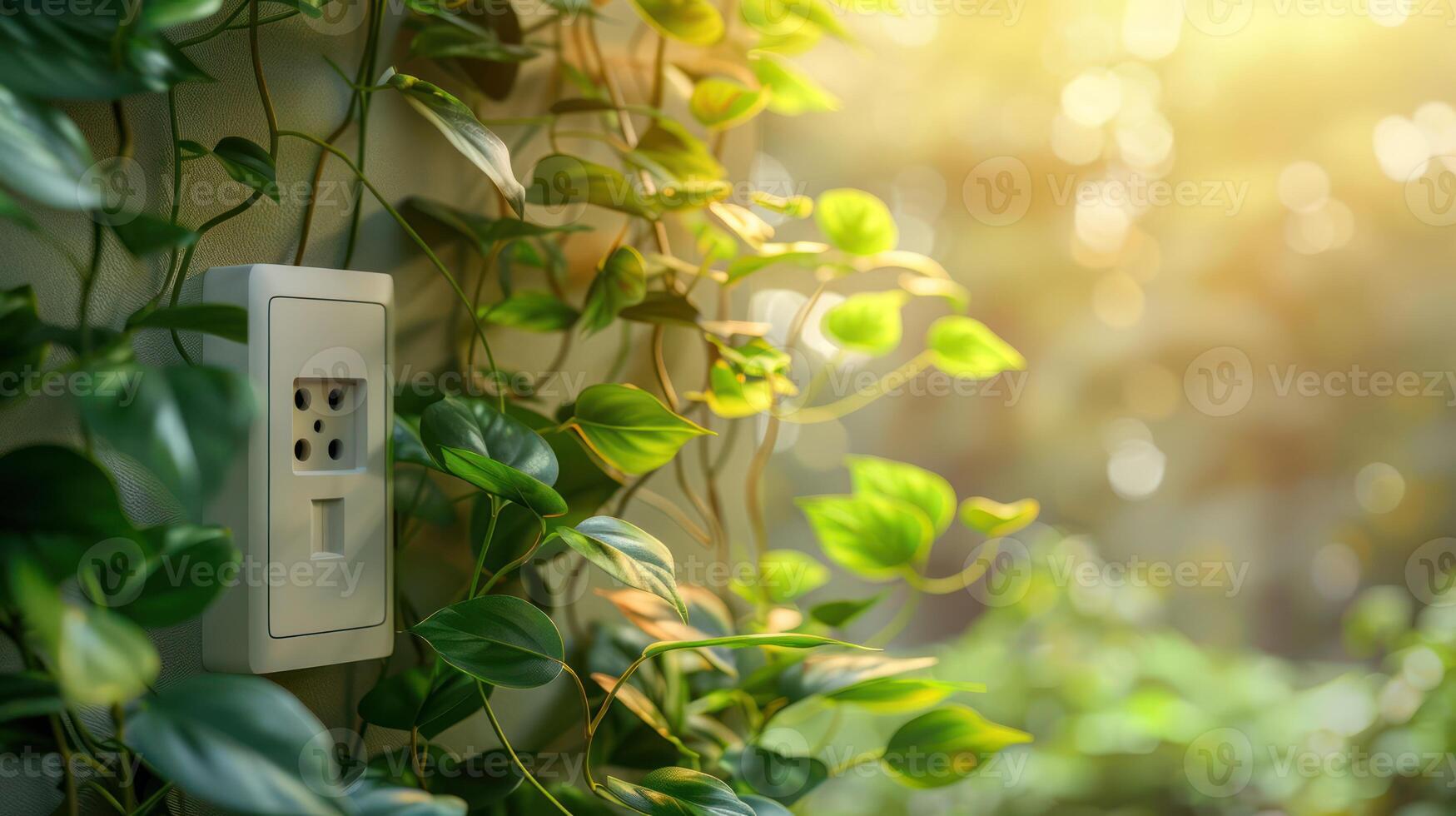 A serene indoor scene featuring a power outlet surrounded by lush green plants in soft sunlight photo