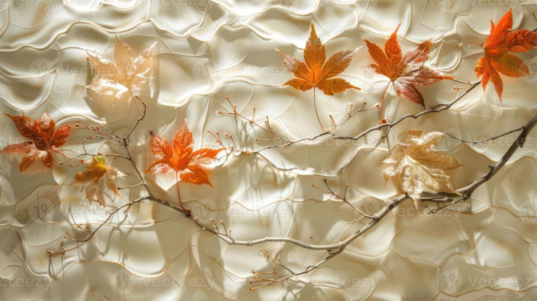 Autumn leaves gracefully arranged on textured background, showcasing seasonal beauty and warmth photo