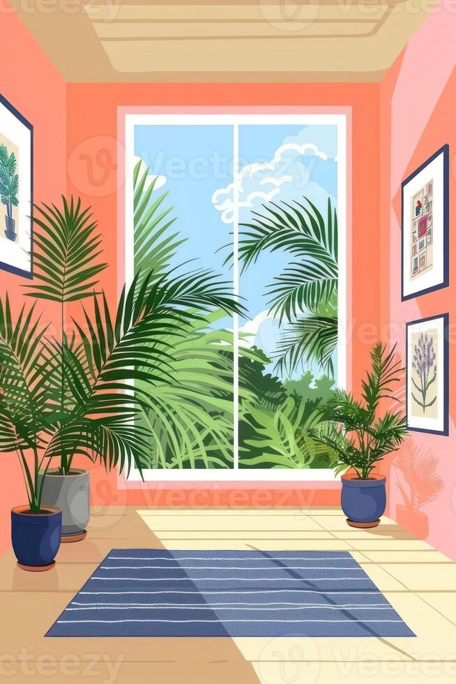 Bright and airy interior room with tropical plants, colorful walls, and scenic window view photo