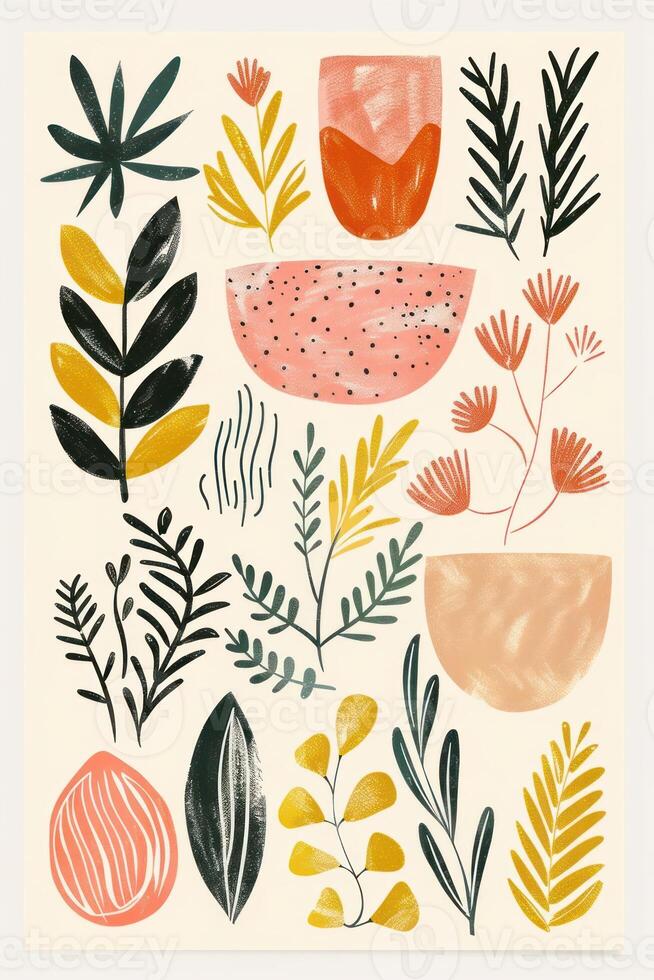 Colorful botanical illustration featuring various plants and abstract shapes on a light background photo