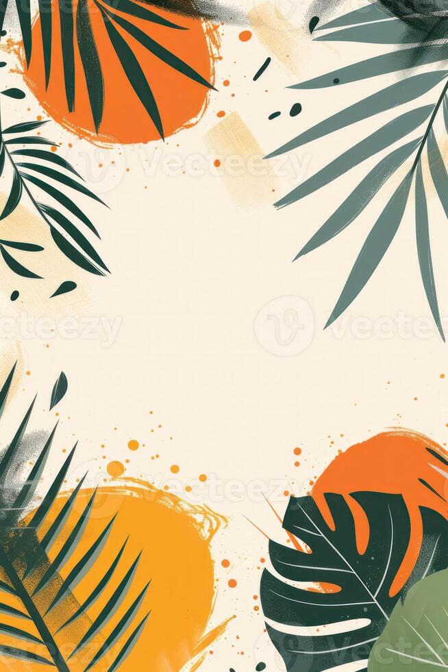 Vibrant tropical leaves and abstract shapes creating a lively background for design photo