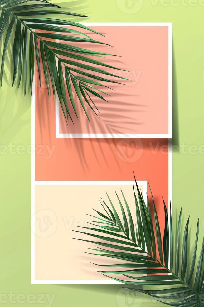 Abstract composition featuring geometric shapes and tropical leaves on a colorful background photo