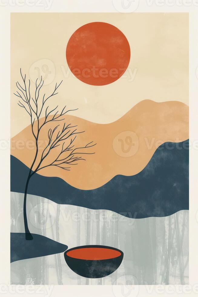 Serene landscape depicting a sunset over mountains with a reflective lake and bare tree photo