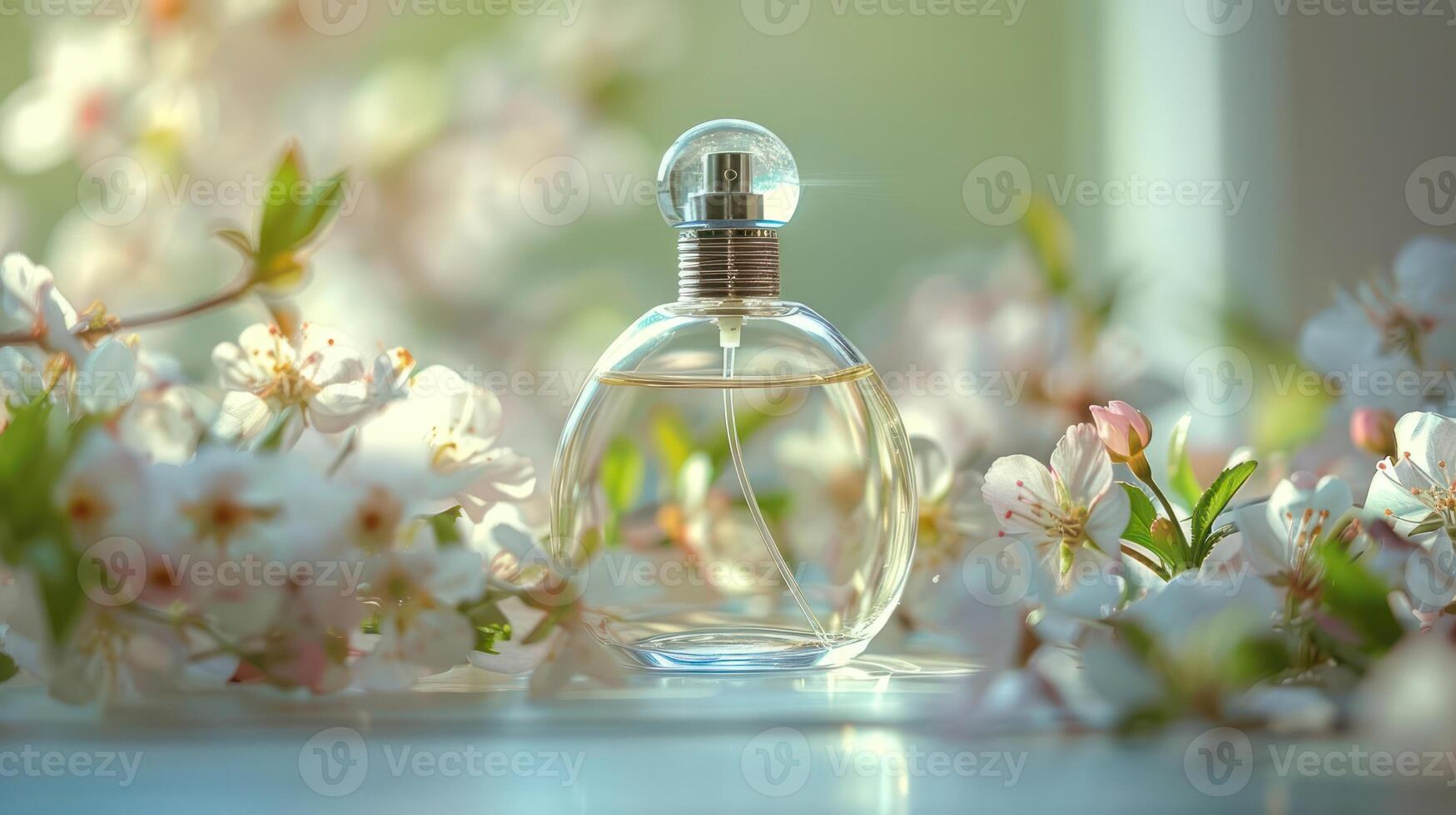Elegant perfume bottle surrounded by blooming flowers in a serene, sunlit setting photo