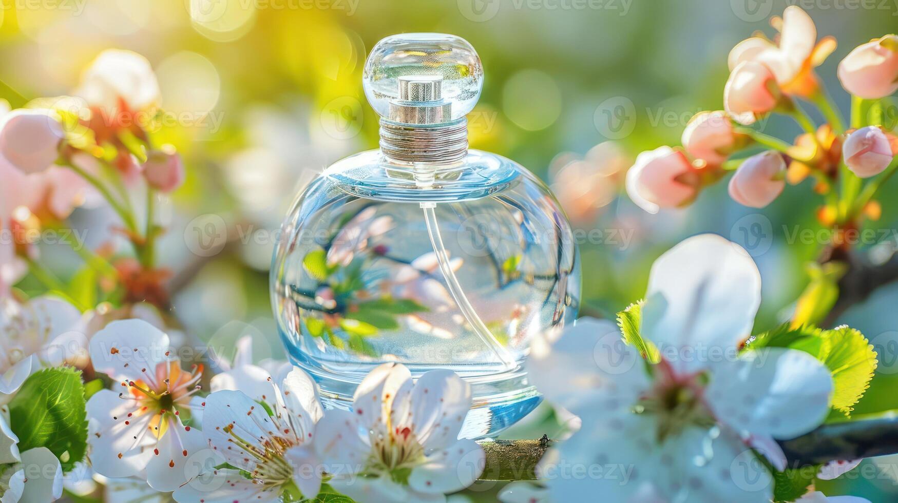 Elegant perfume bottle surrounded by blooming flowers in a serene garden setting photo
