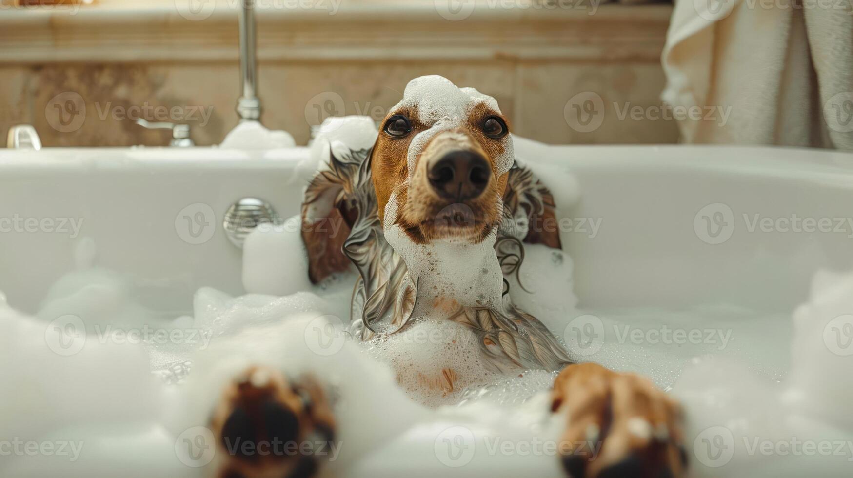 Dog enjoying a bubble bath in a cozy bathroom with a relaxing atmosphere and soft lighting photo