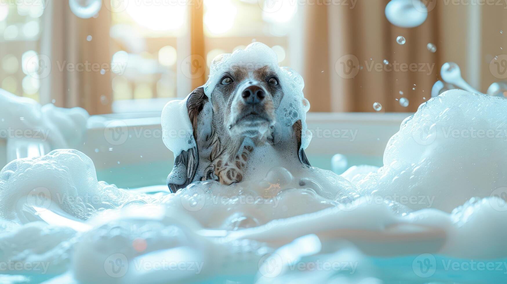 Playful dog enjoying a bubble bath in a sunlit bathroom with soft background ambiance photo