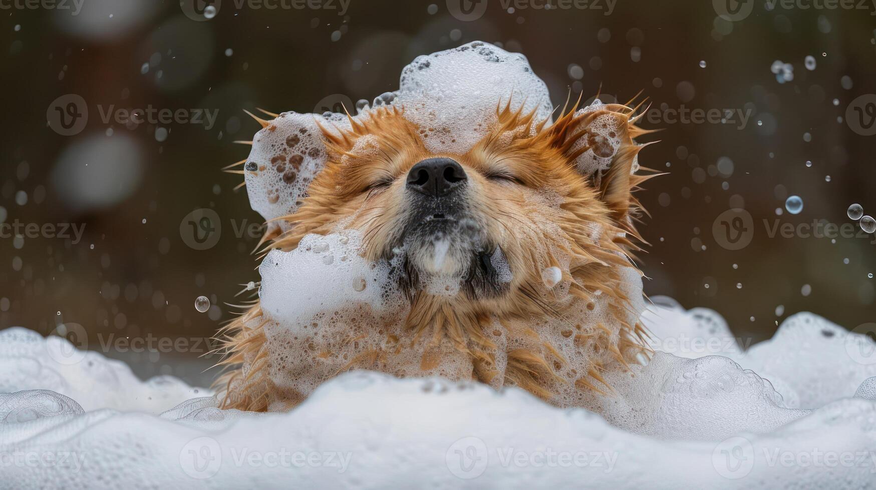 A fluffy dog enjoying a bubble bath outdoors, surrounded by nature and soap suds photo